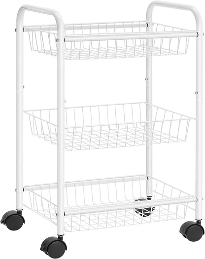 SONGMICS 3-Tier Metal Rolling Cart on Wheels with Baskets, Lockable Utility Trolley with Handles for Kitchen Bathroom Closet, Storage with Removable Shelves, Black UBSC03BK