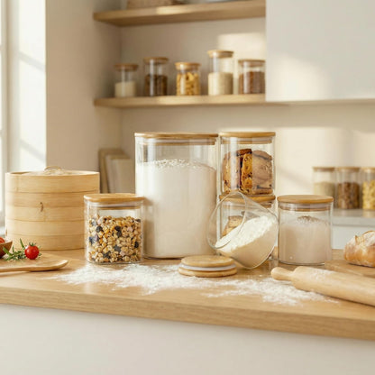 Extra Large Square Glass Flour & Sugar Storage Containers with Airtight Lids, 168 floz - Glass Jars with Bamboo Lids for Pantry, Air tight Food Storage Containers for Cereal, Pasta, Rice