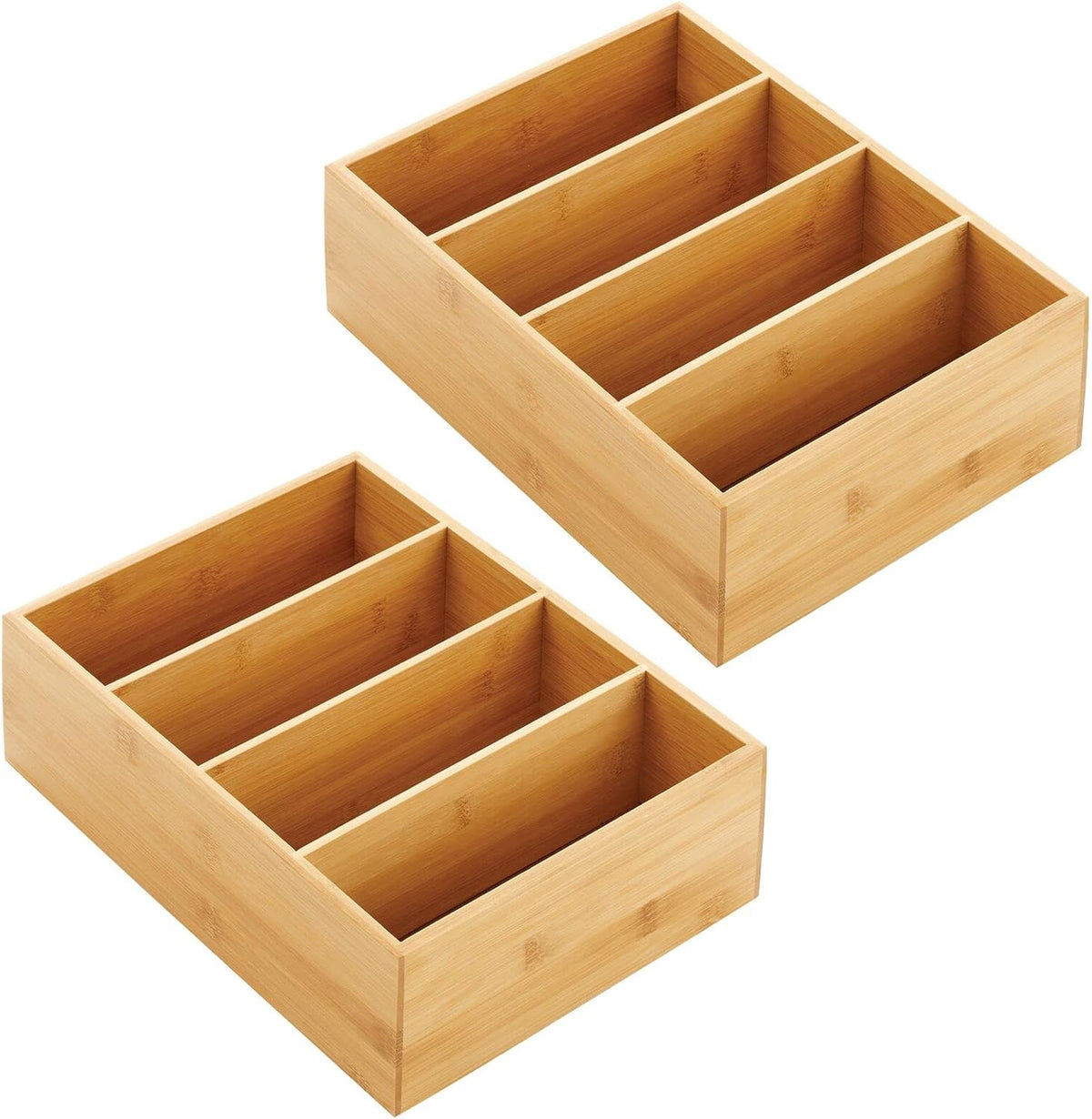 mDesign Bamboo Wood Compact Food Storage Organizer Bin Box - 4 Divided Sections - Holder for Seasoning Packets, Pouches, Soups, Spices, Snacks - Natural
