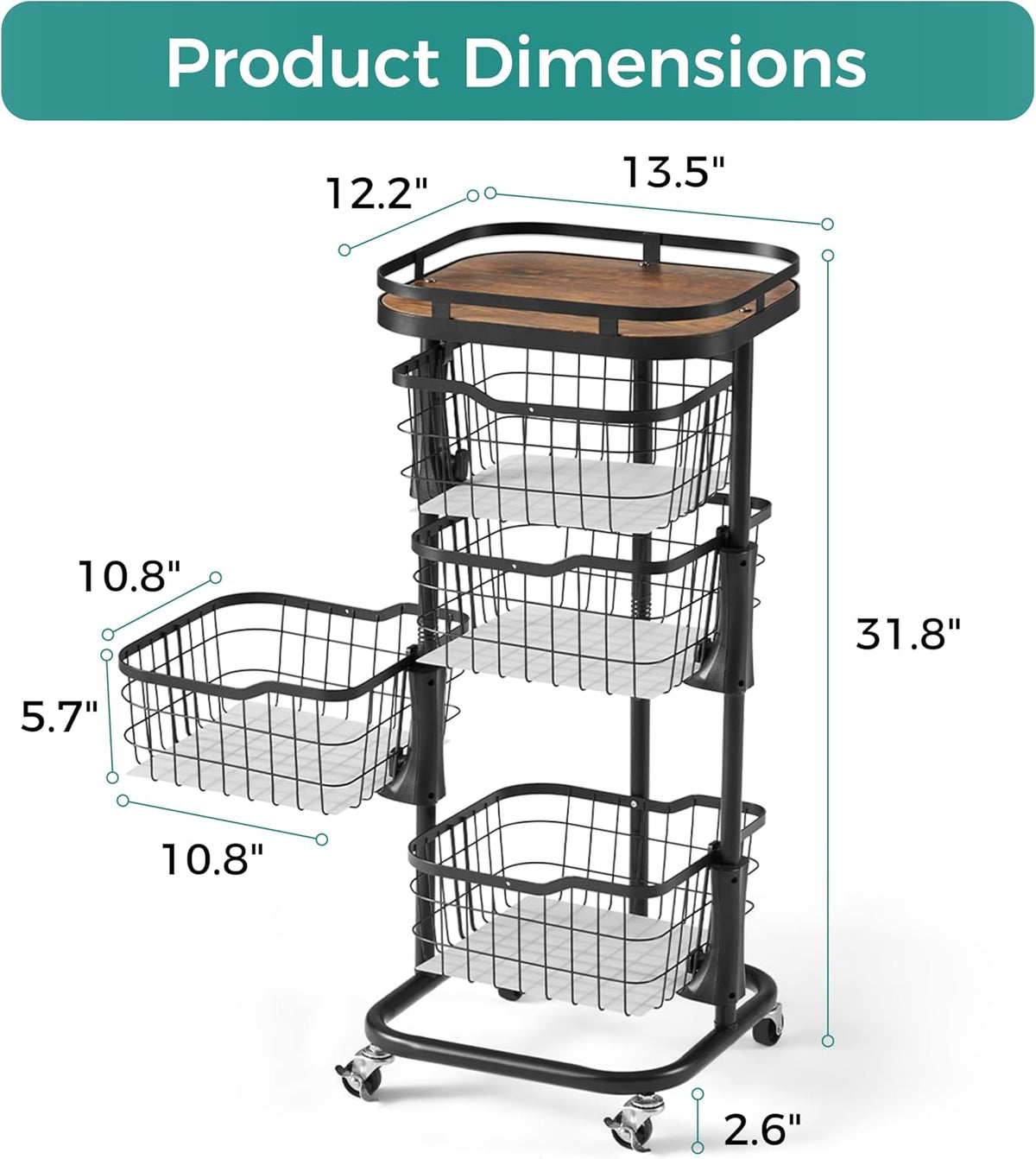 5 Tier Kitchen Fruit Vegetable Storage Cart with One-Piece Rotating Basket, Pantry Organizer Shelf Rack Floor Stand for Veggie Onion Potato Produce Spice, Rolling Snack Cart on Wheels, Black