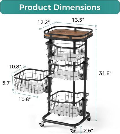 5 Tier Kitchen Fruit Vegetable Storage Cart with One-Piece Rotating Basket, Pantry Organizer Shelf Rack Floor Stand for Veggie Onion Potato Produce Spice, Rolling Snack Cart on Wheels, Black