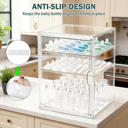 Baby Bottle Organizer, 3-Tier Bottle Storage for Countertop with Double Magnetic Doors, Clear Plastic Bottle Station Organizer Mom Gifts with 2 Dividers for Kitchen, Bathroom, Cabinet, Vanity