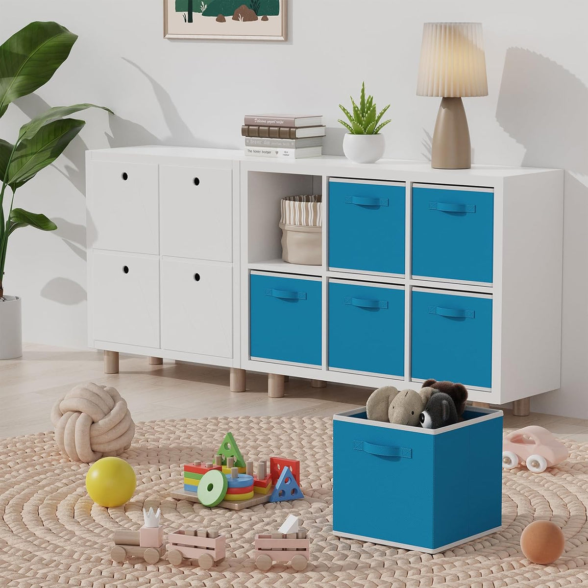 MAX Houser Fabric Storage Bins Cubes Baskets Containers with Dual Plastic Handles for Home Closet Bedroom Drawers Organizers, Flodable, Blue, Set of 4