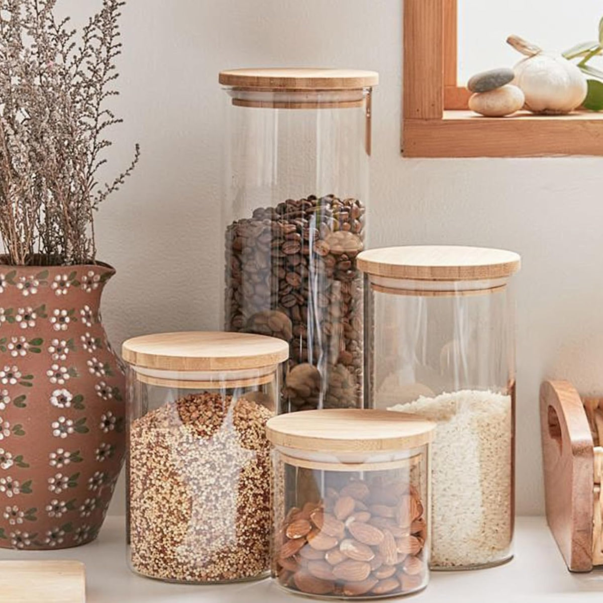 SHOWIN Glass Food Storage Jars Square 37oz, 4 Pack Glass Jars With Bamboo Lids, Kitchen Storage Containers For Spice, Candy, Cookie, Storage For Pantry Organizers