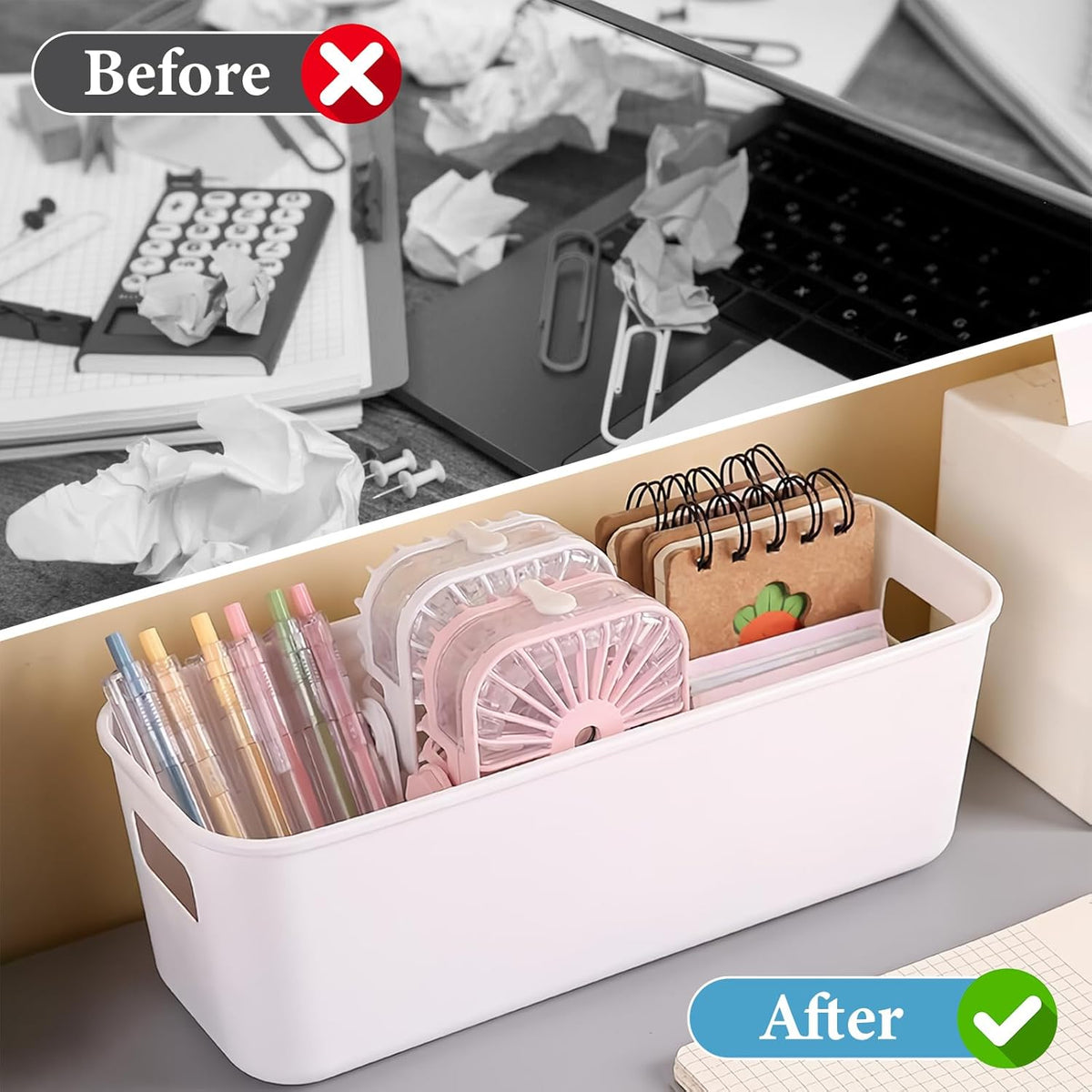 10Pcs White Narrow Storage Bins, 10" Long Bathroom Organizing Bins, Plastic Storage Basket Open Drawer Organizer Box with Handle for Bathroom Kitchen Office Vanity Pantry Shelves