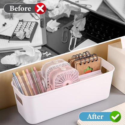 10Pcs White Narrow Storage Bins, 10" Long Bathroom Organizing Bins, Plastic Storage Basket Open Drawer Organizer Box with Handle for Bathroom Kitchen Office Vanity Pantry Shelves