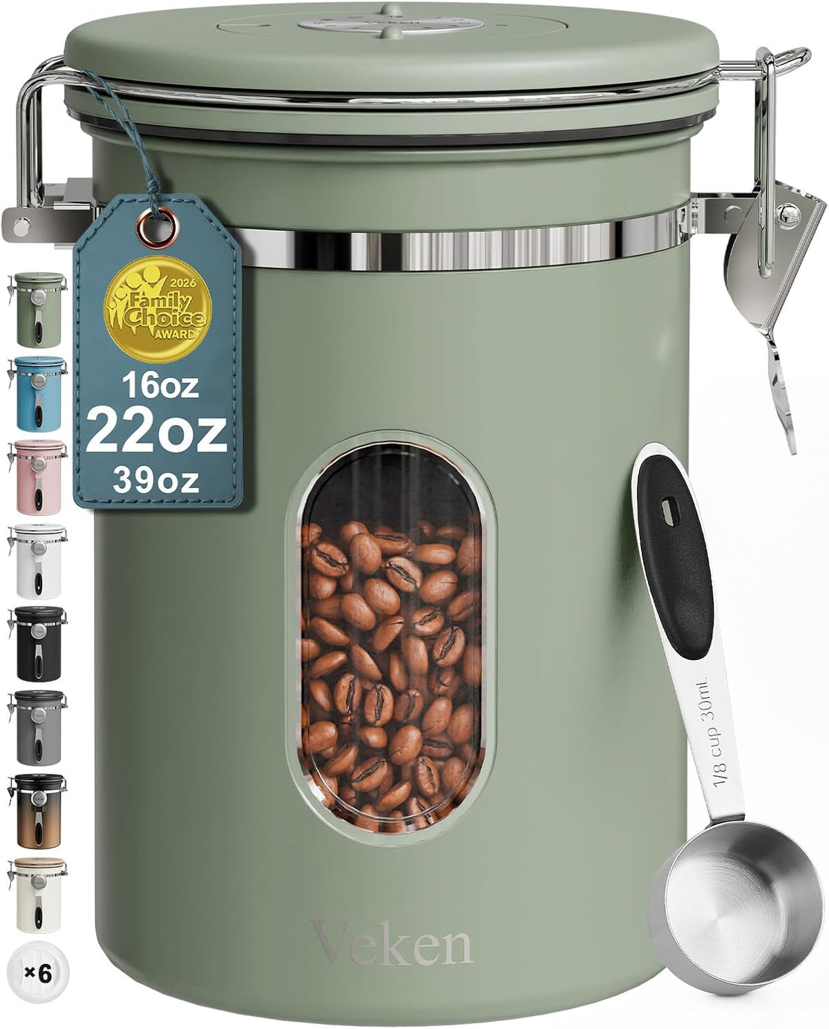Veken Coffee Canister with Window, Family Choice Awards Winner, Airtight Stainless Steel Home Kitchen Food Storage Container with Lids for Grounds, Beans, Tea, Flour,Cereal,Sugar Jars,Scoop,16OZ,Black