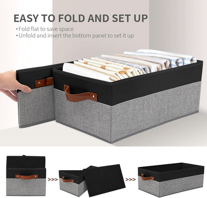 Large Capacity Storage Bins Closet Organizer for Shelves, Fabric Closet Storage Baskets Boxes with Leather Handles for Organizing Clothes, Sheets, Jeans, Toys, Books (Grey)