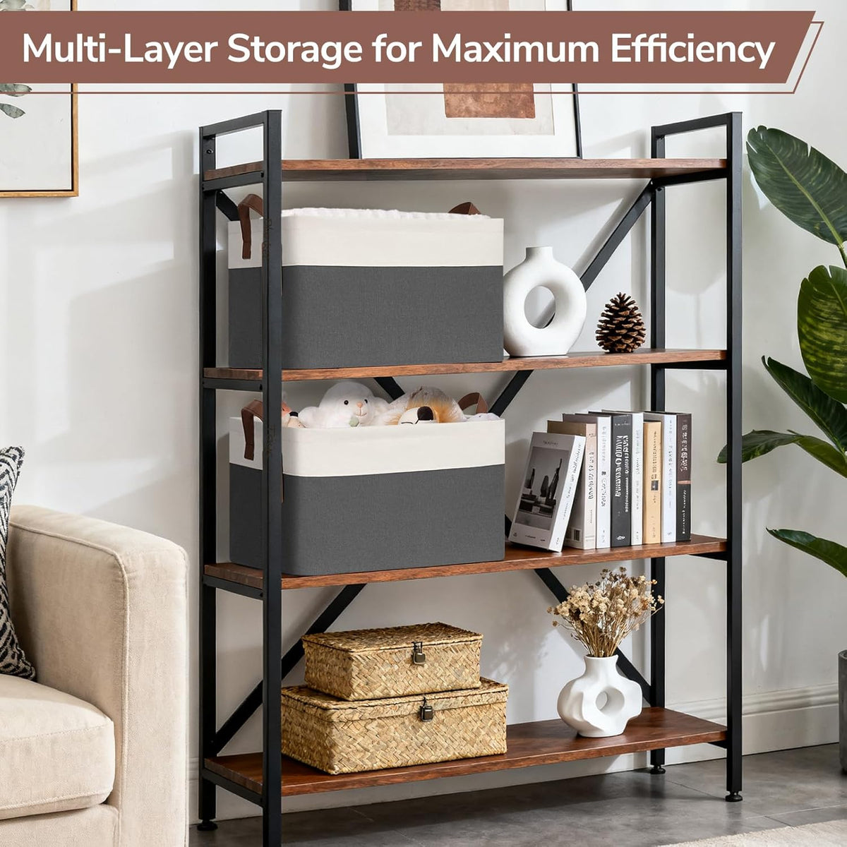 CHICVITA 4 Pack Large Storage Baskets for Shelves, Collapsible Closet Organizer Bins with Metal Frame, Fabric Storage Bins for Clothes Towels Organization, 16.8" x 11" x 9.8", Beige
