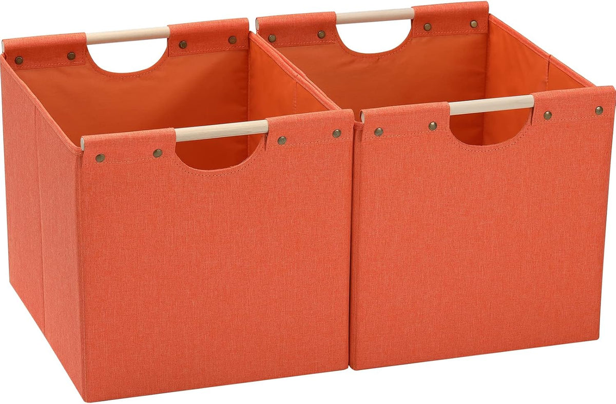HOONEX Large Collapsible Storage Bins, Linen Fabric, Pack of 2, Storage Baskets with Wooden Carry Handles and Sturdy Heavy Cardboard, for Home, Office, Car, Nursery, Black