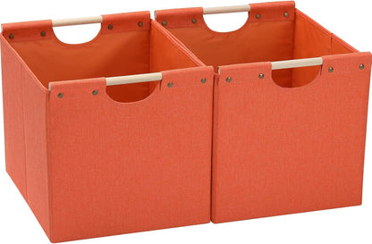 HOONEX Large Collapsible Storage Bins, Linen Fabric, Pack of 2, Storage Baskets with Wooden Carry Handles and Sturdy Heavy Cardboard, for Home, Office, Car, Nursery, Black