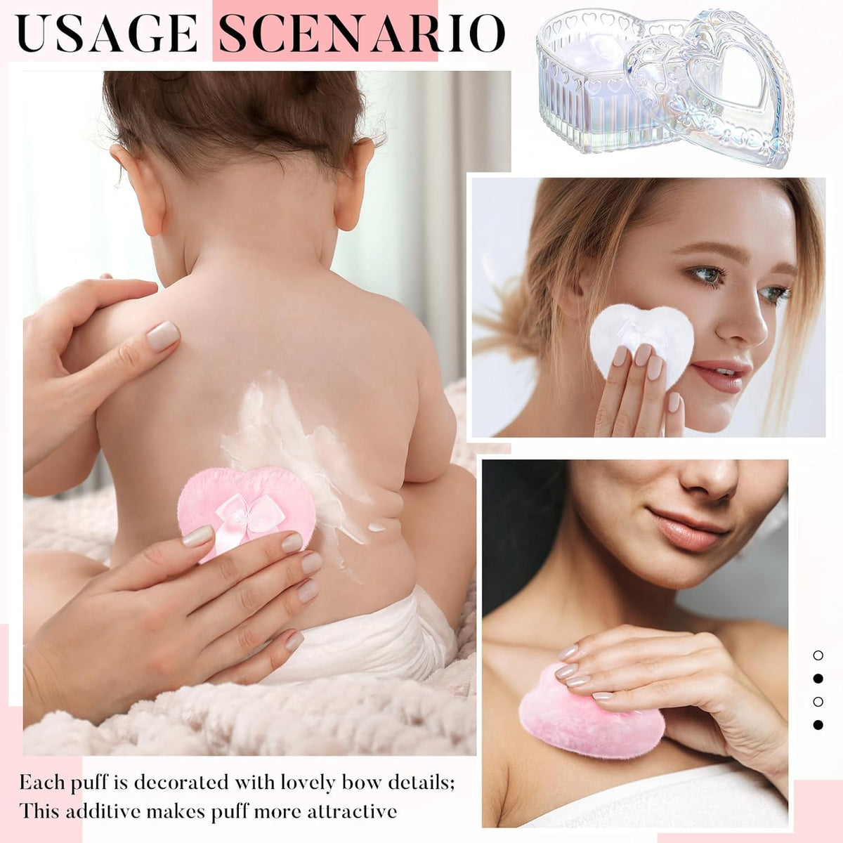 Tioncy 3 Pcs Large Body Powder Puff and Container Valentine's Day gift Powder Container with Puff Crystal Case Soft Washable Reusable Velour Face Body Glitter Wet Dry Makeup (Classic,Clear)