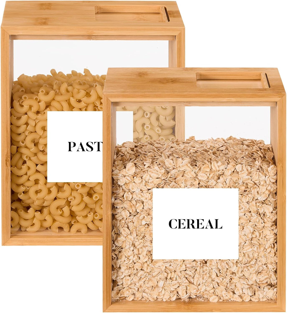 Food Dispenser 2L,2 Pack Easy-to-Clean Bamboo Food Storage Containers Featuring a Removable PVC Door Panel，Cereal Cispensers For Serving Tea,Coffee,Sugar,Candy,Pasta,Spice