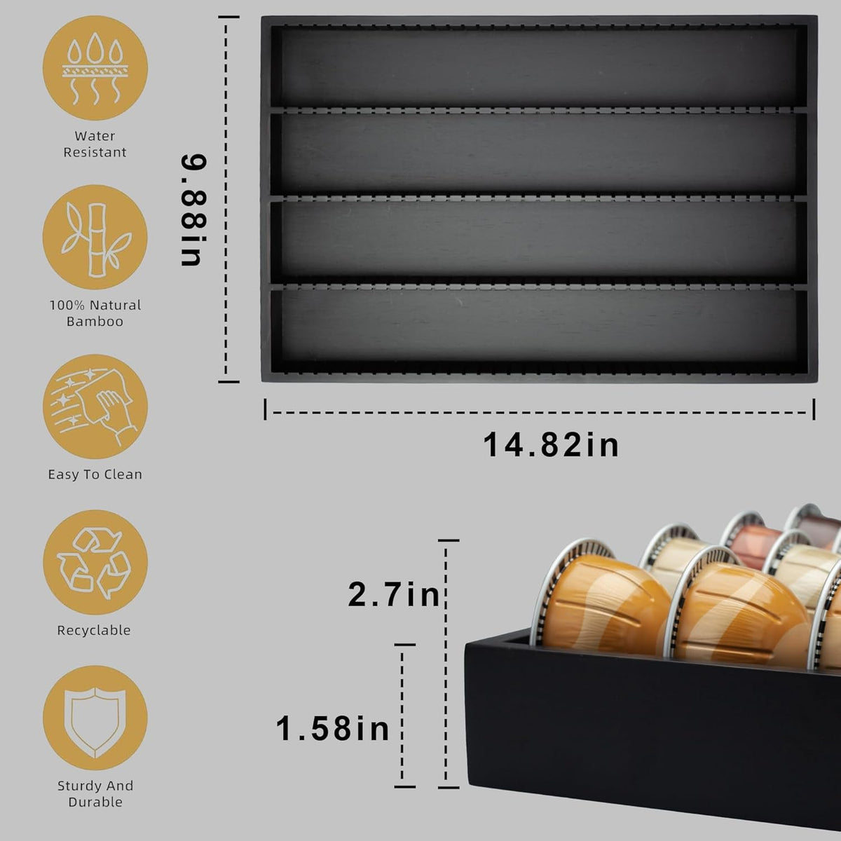 MinBoo Bamboo Coffee Pod Storage Holder Drawer Insert for Counter Compatible Nespresso Vertuo Vertuoline Capsules for Kitchen, Home, Office, Coffee Station