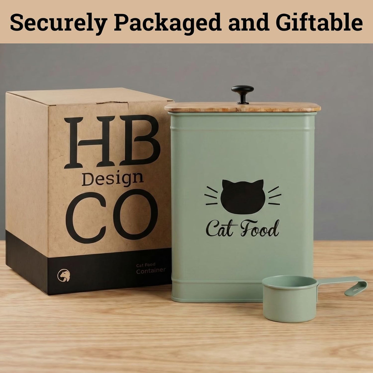 Cat Food Storage Container with Scoop - 5-7 lb (25 Cup) Capacity Metal Cat Food Container with Airtight Bamboo Lid and Metal Scoop - Airtight Pet Food Storage Containers 5 lb - 7 lb Kibble Container