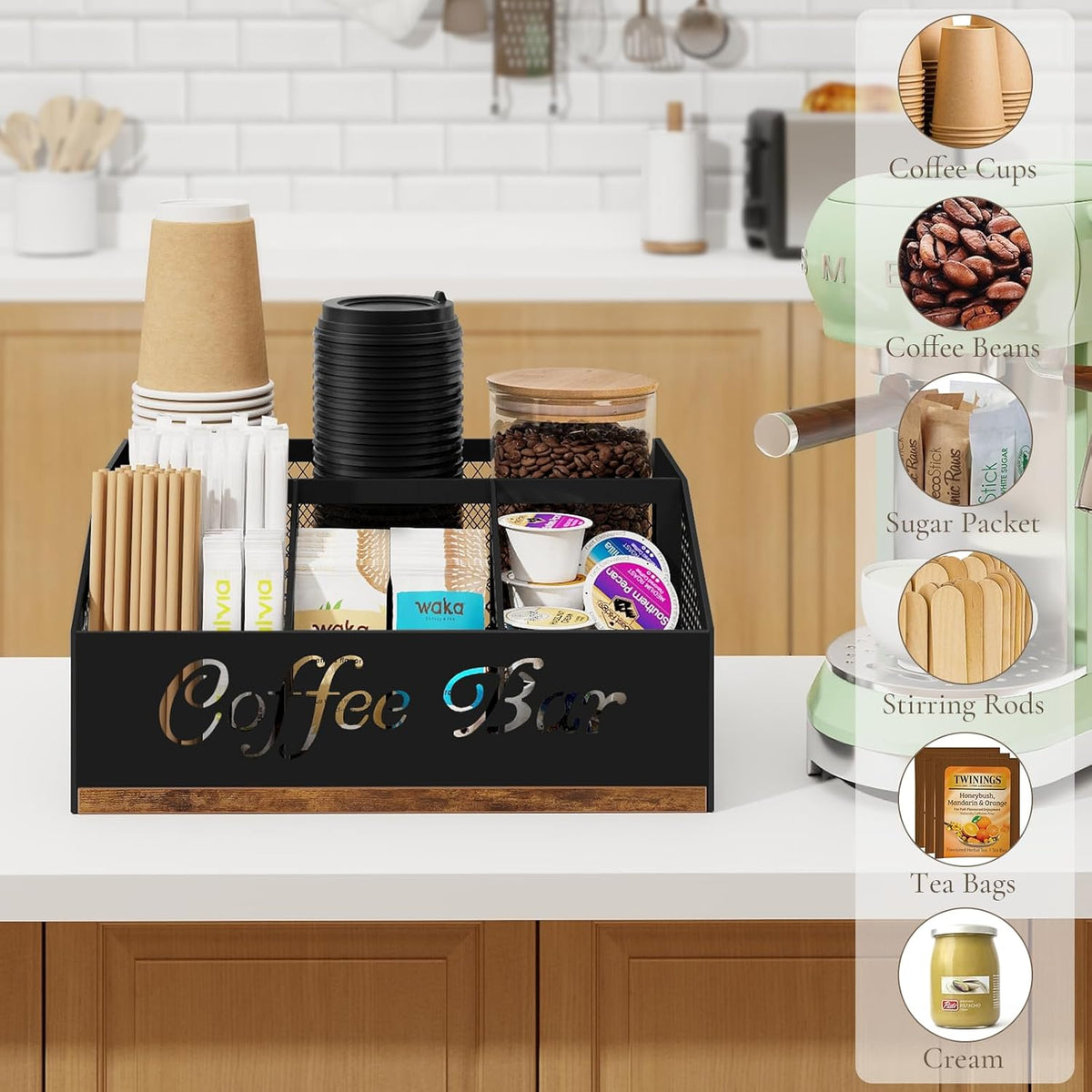Coffee Station Organizer, Rustic Brown Wooden Countertop Coffee Bar Accessories Organizer with Metal Mesh Compartments for Pods, Syrup, Cups, Stirrer, Tea