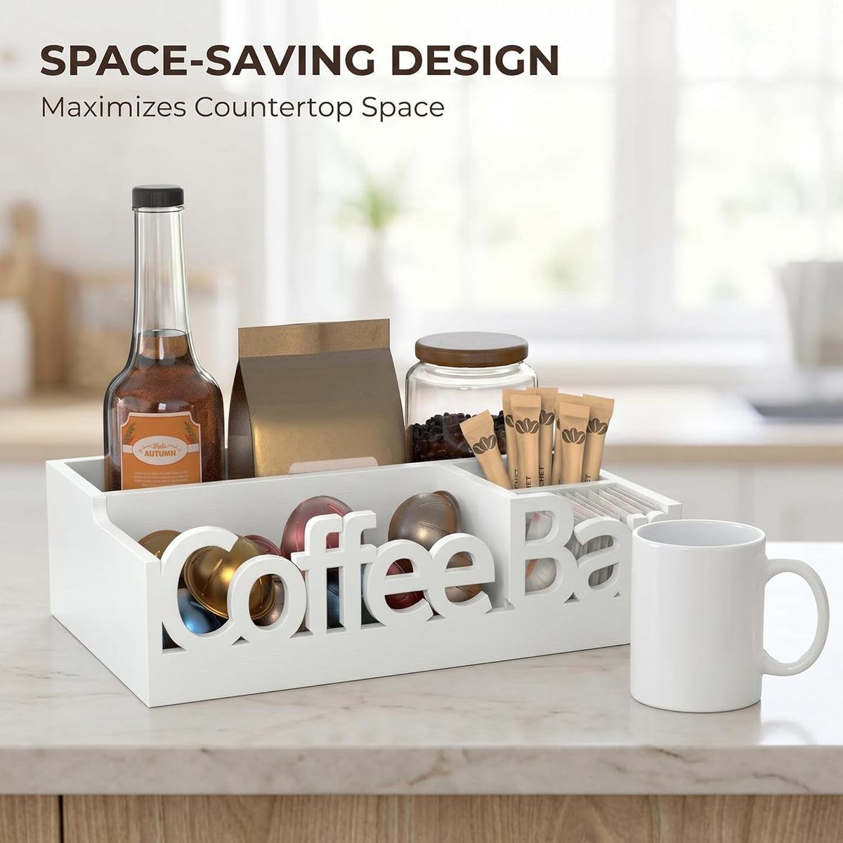 Coffee Bar Organizer for Countertop – Wooden Coffee Caddy with Compartments for Pods, Sugar Packets, and Accessories – Coffee Condiment Station Storage for Home and Office (Black)