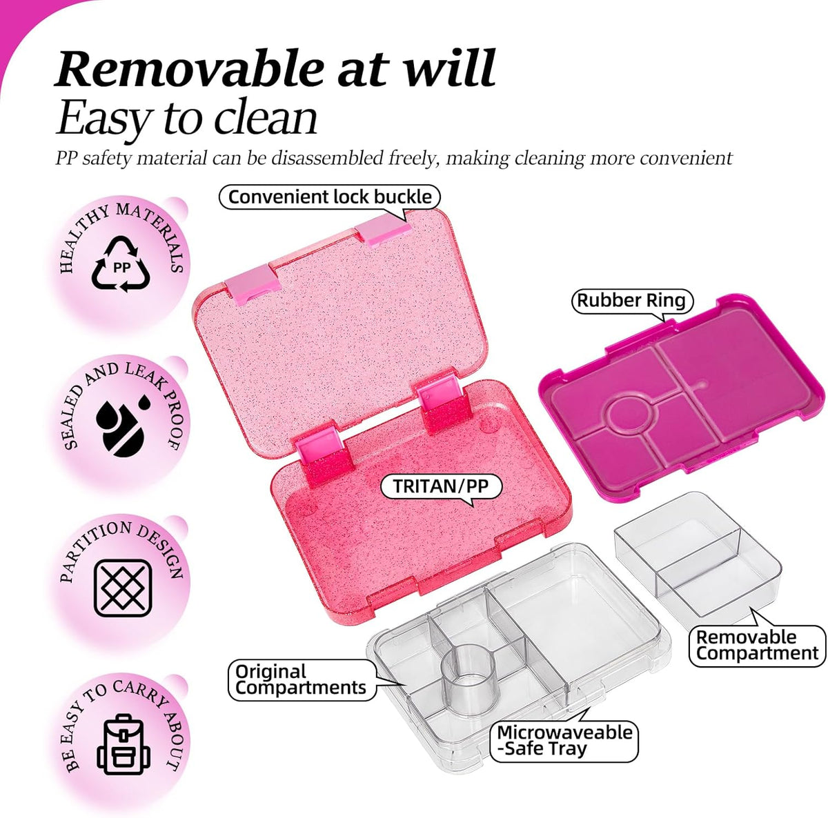 Bento Lunch Box for Kids, 6 Compartments BPA Free, Dishwasher Safe Back to School Snack Bento Lunch Containers Boxes, Ideal Portion Sizes for On-the-Go Meal, Ages 3+, School, Green Patterned