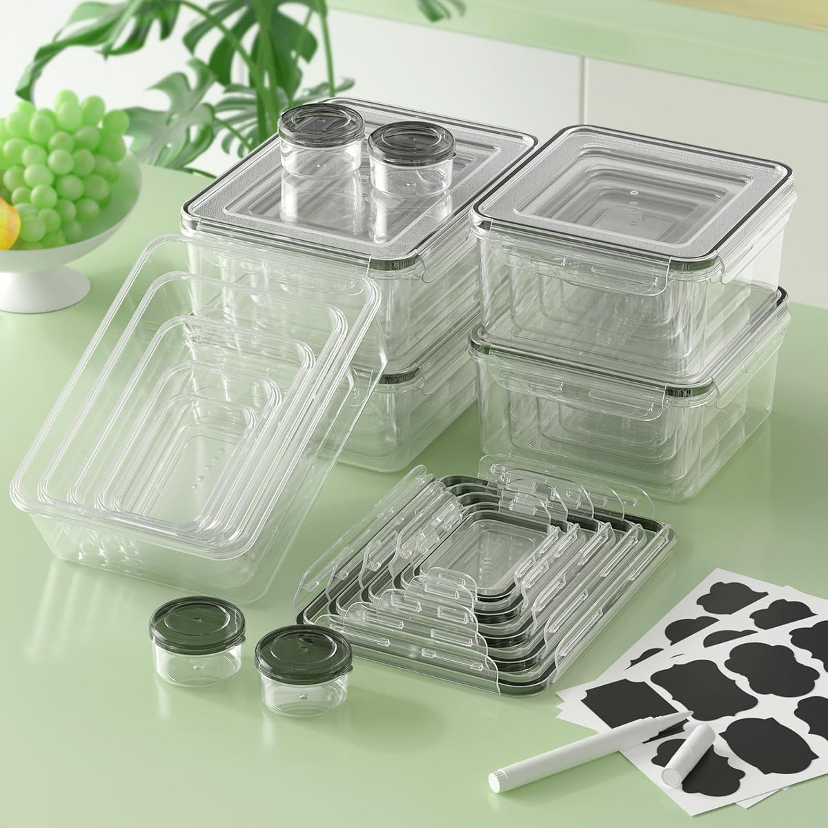 KEMETHY Food Storage Containers with Lids(18 Container & 18 Lid), Plastic Food Containers for Pantry & Kitchen Storage and Organization, BPA-Free, Leak Proof, Reusable with Labels & Pen