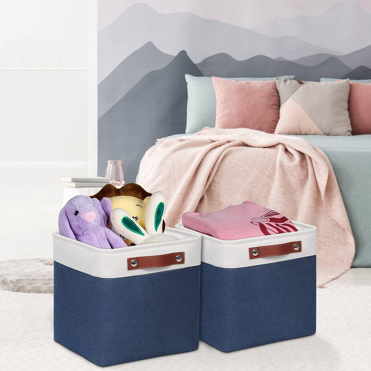 Univivi 4PC Small Fabric Storage Bins,15x6x5 inch Long Narrow Storage Baskets with PU Handles for Closet,Cabinet,Countertop Organizing Small Items (Gray,15x6x5 inch)
