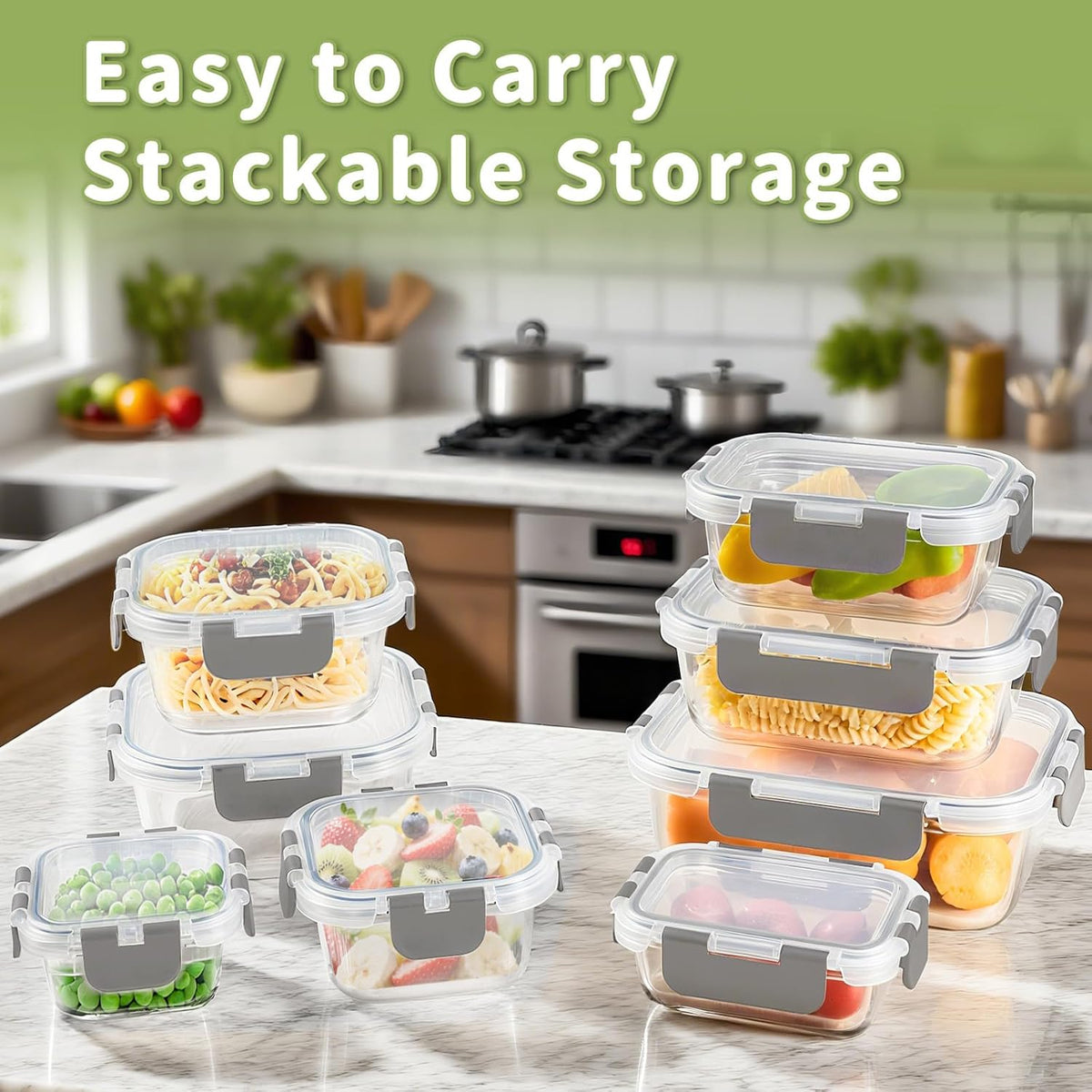 8 Pack Borosilicate Glass Food Storage Containers with Lids, Glass Meal Prep Containers, Airtight Bento Lunch Boxes with Snap Locks, Oven, Freezer and Dishwasher Safe, BPA Free, Kitchen Storage Set