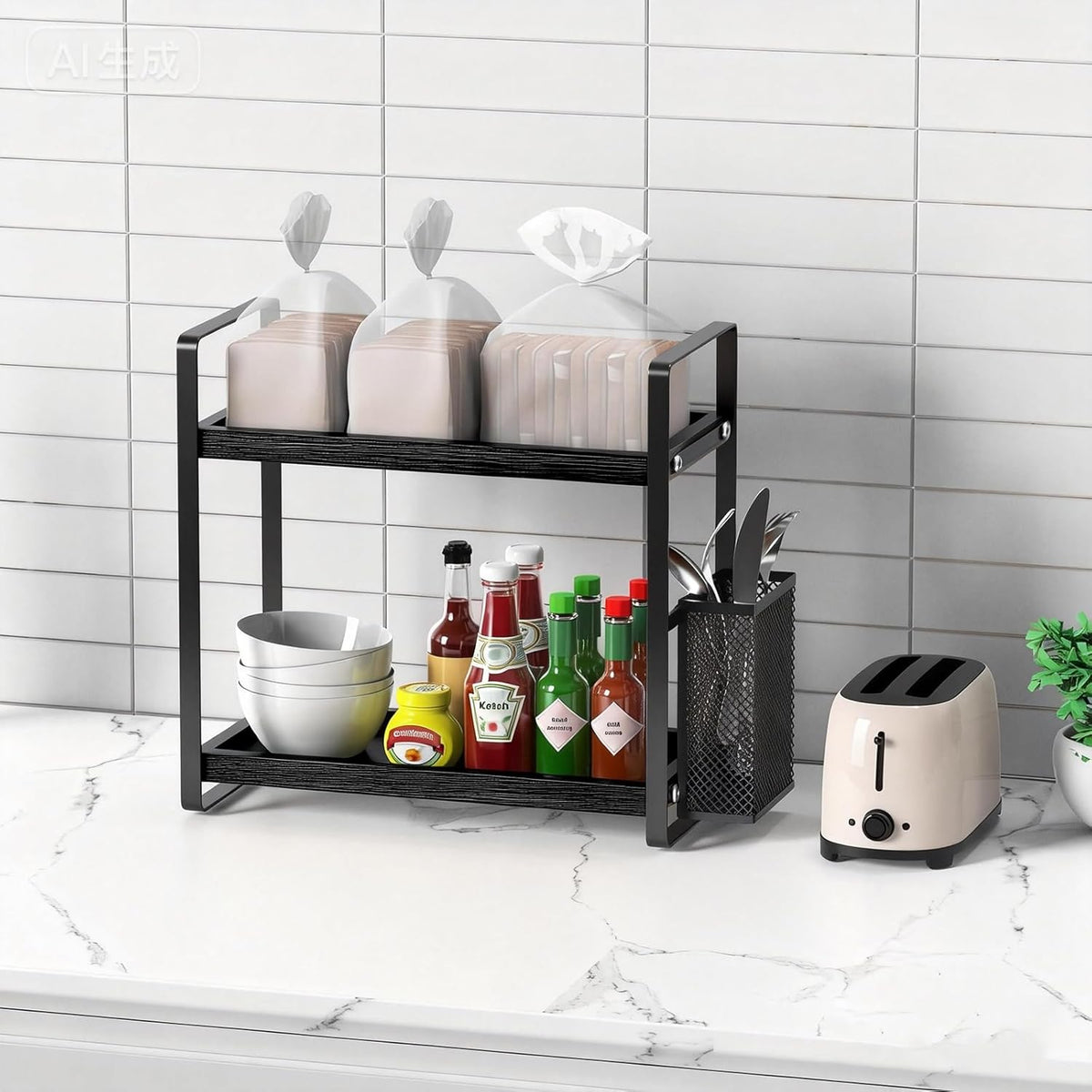 LEMIKKLE 2-Tier Coffee Bar Organizer With Basket,Wooden Counter Shelf for Coffee Bar Accessories,Kitchen Spice Rack Organizer for Countertop-Brown