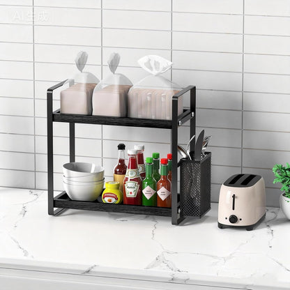 LEMIKKLE 2-Tier Coffee Bar Organizer With Basket,Wooden Counter Shelf for Coffee Bar Accessories,Kitchen Spice Rack Organizer for Countertop-Brown