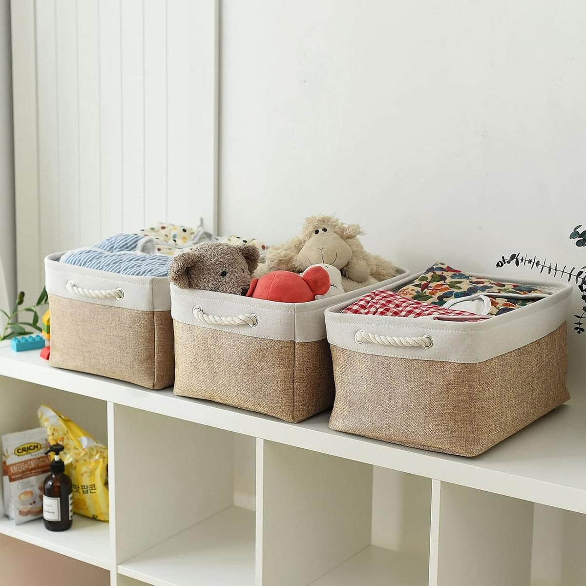 Fabric Storage Bins 12x8x5 inch [6-Pack] with Rope Handles - Decorative Baskets for Organizing