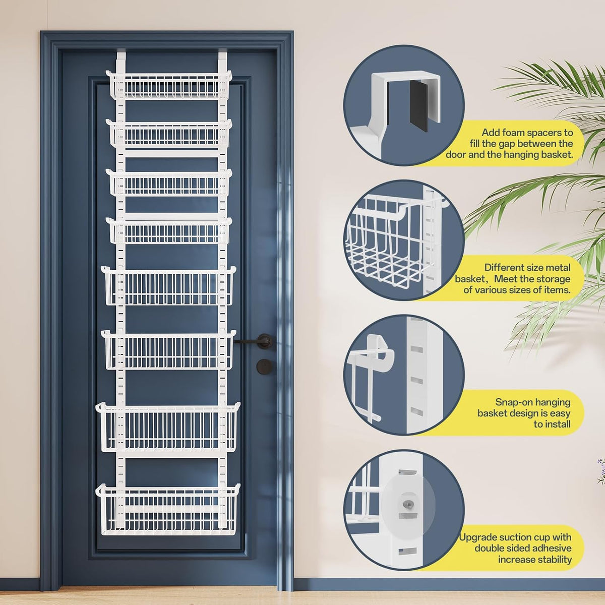 Over The Door Pantry Organizer, 8-Tier Over The Door Organizer with Adjustable Baskets, Metal Hanging Spice Rack for Pantry Organizers and Storage, Suitable for Kitchen Laundry Room & Bathroom, White