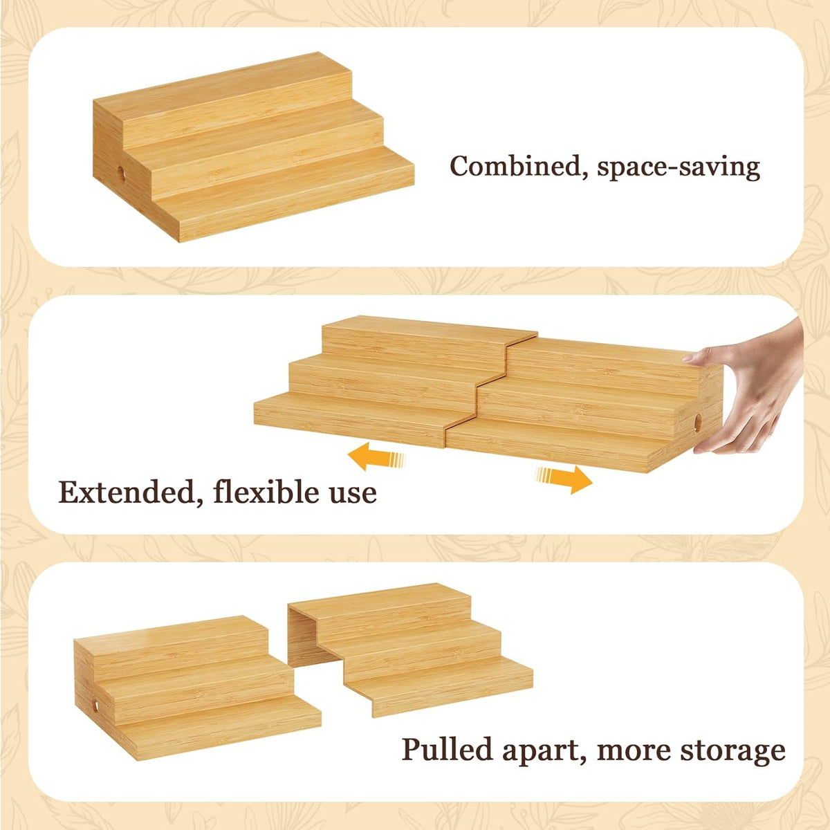 2-Pack Expandable Bamboo Can Rack Organizer for Pantry Display, 3-Tier Adjustable Can Storage Holder, Soda & Canned Food Organizer for Cabinets & Countertops, Holds Up to 48 Cans (Patent Pending)