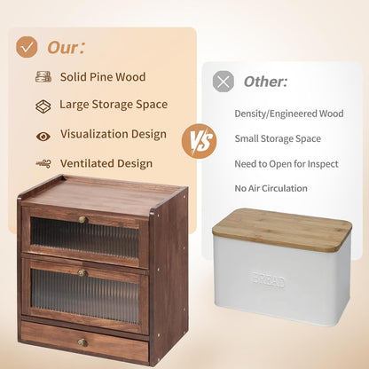 Solid Wood Bread Box for Kitchen Countertop with Drawer, 2-Tier Large Wooden Bread Storage Bin with Cutlery Organizer, Farmhouse Bread Keeper for Homemade Bread, Brown (50 Deli Papers)