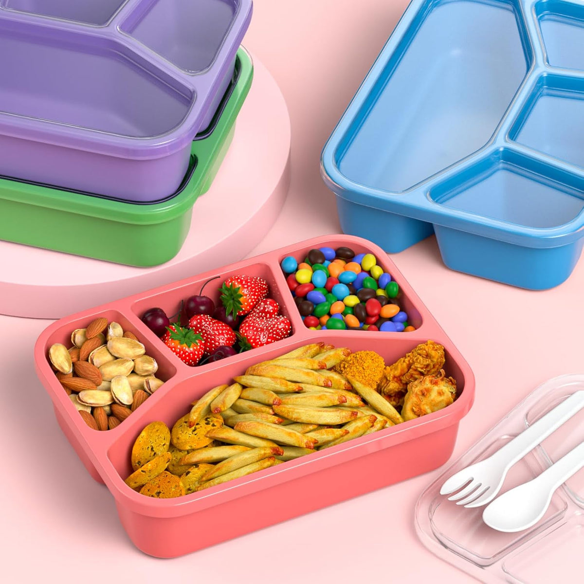 Bento Box Adult Lunch Box (4 Pack), 4-Compartment Meal Prep Container for Kids, Reusable Food Storage Containers with Transparent Lids, No BPA, Microwaveable (Wheat (Green/Blue/Pink/Beige))