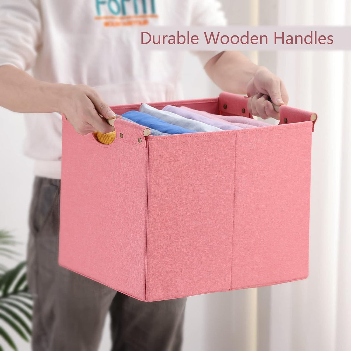 HOONEX Large Collapsible Storage Bins, Linen Fabric, Pack of 2, Storage Baskets with Wooden Carry Handles and Sturdy Heavy Cardboard, for Home, Office, Car, Nursery, Black
