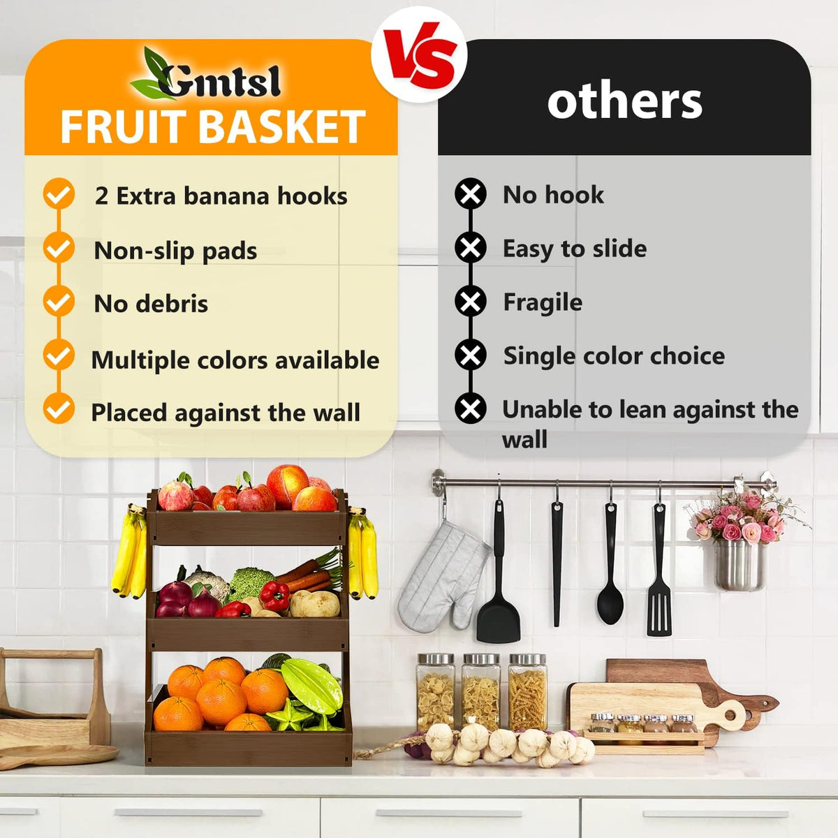 Gmtsl Bamboo Fruit Basket for Kitchen – 3 Tier Fruit Bowl For Kitchen Counter, Large Fruit Holder With 2 Banana Hangers, Idea For Fruit and Vegetable Storage, Bread Basket, Snack Organizer(BLACK)