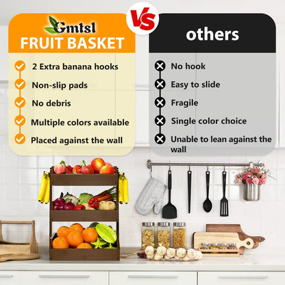 Gmtsl Bamboo Fruit Basket for Kitchen – 3 Tier Fruit Bowl For Kitchen Counter, Large Fruit Holder With 2 Banana Hangers, Idea For Fruit and Vegetable Storage, Bread Basket, Snack Organizer(BLACK)