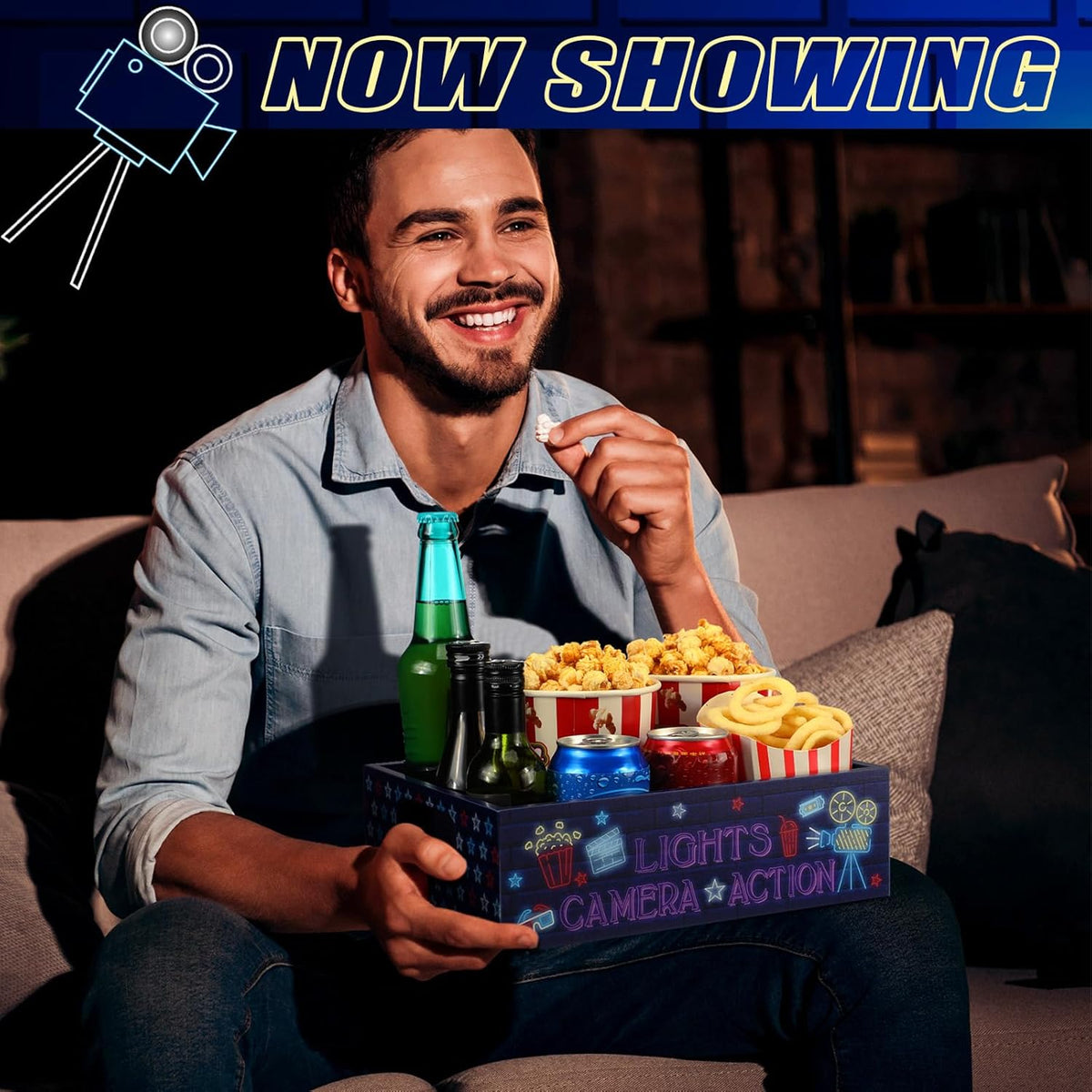 Movie Night Supplies Snack Trays with Handles Reusable Wooden Movie Gift Basket for Theater Popcorn Bucket Bowl Box Container Family Room Decor(Classic Style)