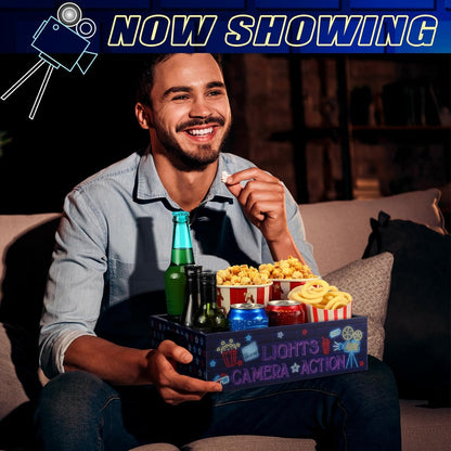 Movie Night Supplies Snack Trays with Handles Reusable Wooden Movie Gift Basket for Theater Popcorn Bucket Bowl Box Container Family Room Decor(Classic Style)