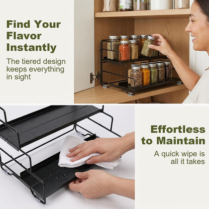 Spice Rack Organizer for Cabinet, Tiered Adjustable Spice Shelf Organization, Metal Seasoning Rack for Kitchen Countertop Cupboard Pantry, Raised Edge Anti-Slip Design for Jars and Bottles