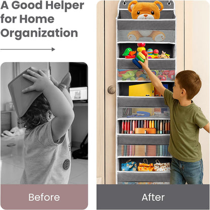 Over The Door Organizer with LifetimeWarranty, 4 Shelves & 4 Side Pockets, Large Storage Rack Holds 44lb, Heavy-Duty Reinforced Mesh Shelf for Bathroom, Closet, Toy Organization, Shoes, Towels, Grey