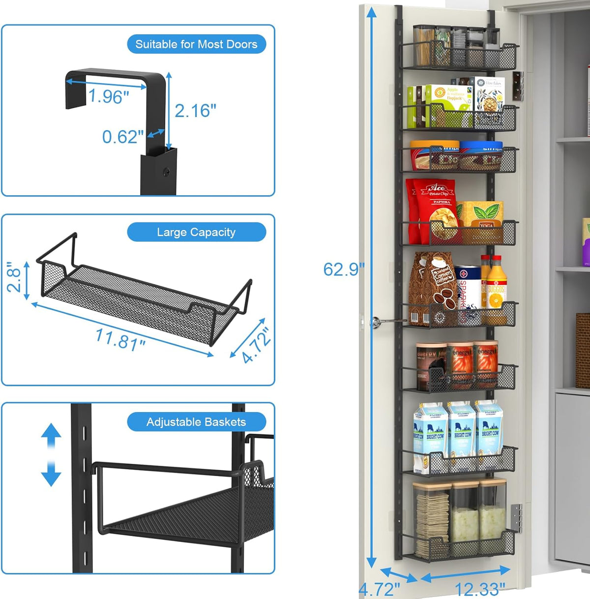 VyGrow 12.3" W Narrow Over the Door Pantry Organizer, 6-Tier Over the Door Organizer with Adjustable Basket, Pantry Door Organization for Pantry Kitchen Storage Room Spice Rack, White