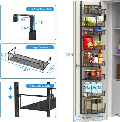 VyGrow 12.3" W Narrow Over the Door Pantry Organizer, 6-Tier Over the Door Organizer with Adjustable Basket, Pantry Door Organization for Pantry Kitchen Storage Room Spice Rack, White