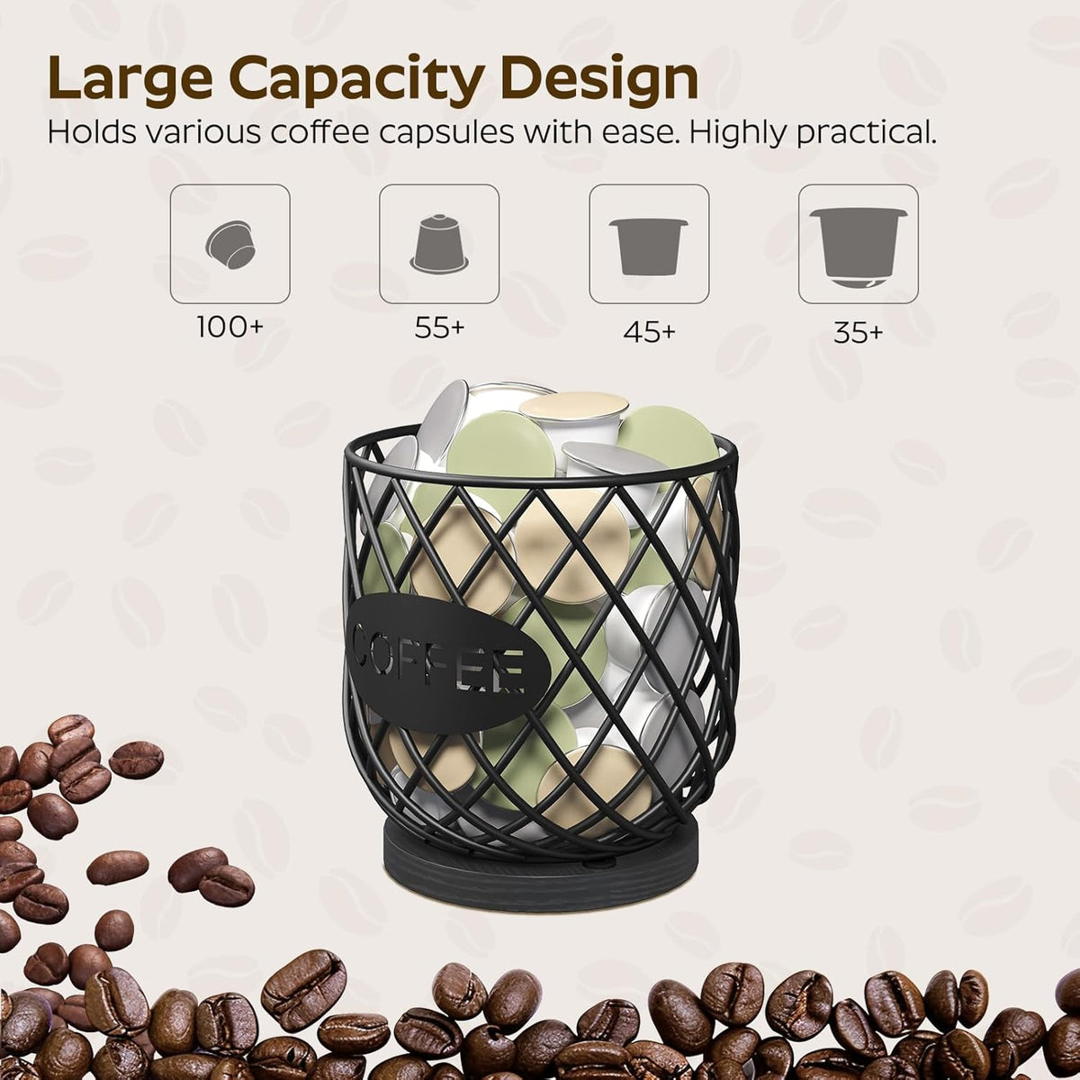 YATINEY Coffee Pod Holder Organizer, Holder for K Cup, Large Capacity Coffee Pod Basket, Versatile Coffee Capsule Storage Organizer, for Kitchen Countertop, Rustic Brown KH09BR