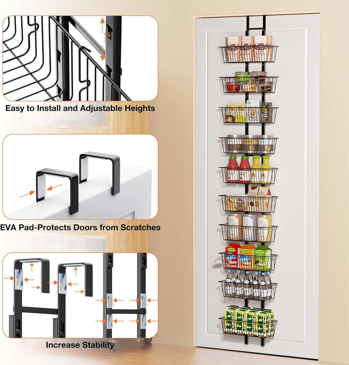 10 Tier Over the Door Pantry Organizer, Over the Door Spice Rack with Adjustable Baskets, Metal Hanging Door Pantry Organizers and Storage for Kitchen Bathroom Bedroom, White