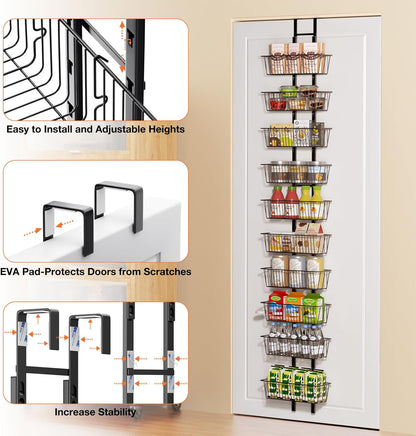 10 Tier Over the Door Pantry Organizer, Over the Door Spice Rack with Adjustable Baskets, Metal Hanging Door Pantry Organizers and Storage for Kitchen Bathroom Bedroom, White