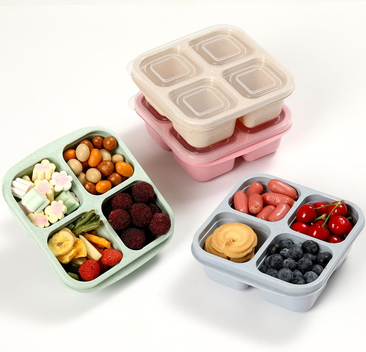 Snack Containers, 4 Compartment Snack Box Containers Bento Box, Reusable Meal Prep Lunch Containers for Adults Kids Toddler, Divided Food Containers for Travel Work School