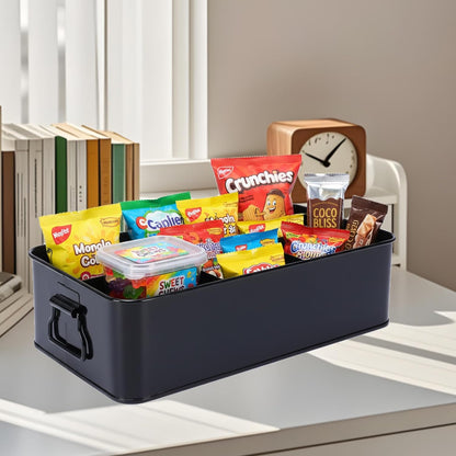 Snack Organizer for Countertop, Metal Snack Holder with Handles,4 Compartment Snack Storage Basket for Coffee Station Organizer,Kitchen Pantry Organizers and Storage(Black)