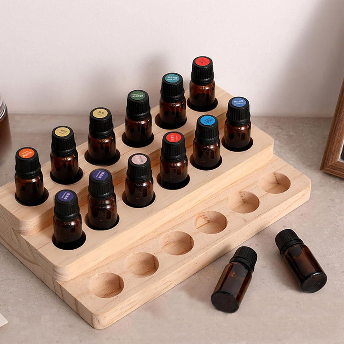 2 Pack Solid Wood Essential Oil Organizer 4 Layer Essential Oils Racks Tabletop Storage Rack Display Stand Holder for 5-20ml Bottles