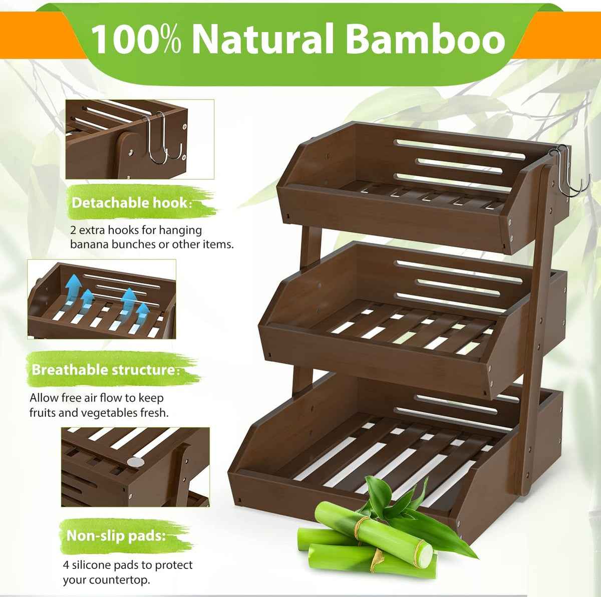 Gmtsl Bamboo Fruit Basket for Kitchen – 3 Tier Fruit Bowl For Kitchen Counter, Large Fruit Holder With 2 Banana Hangers, Idea For Fruit and Vegetable Storage, Bread Basket, Snack Organizer(BLACK)