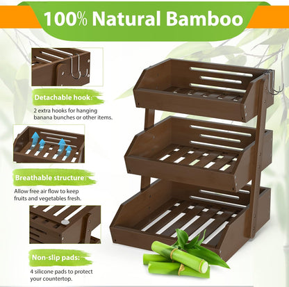 Gmtsl Bamboo Fruit Basket for Kitchen – 3 Tier Fruit Bowl For Kitchen Counter, Large Fruit Holder With 2 Banana Hangers, Idea For Fruit and Vegetable Storage, Bread Basket, Snack Organizer(BLACK)