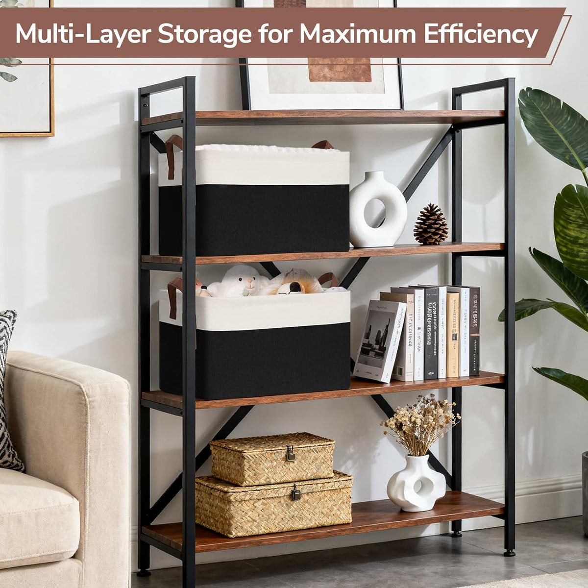 CHICVITA 4 Pack Large Storage Baskets for Shelves, Collapsible Closet Organizer Bins with Metal Frame, Fabric Storage Bins for Clothes Towels Organization, 16.8" x 11" x 9.8", Beige